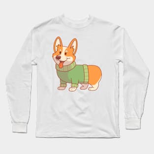 Corgi wearing a green sweater Long Sleeve T-Shirt